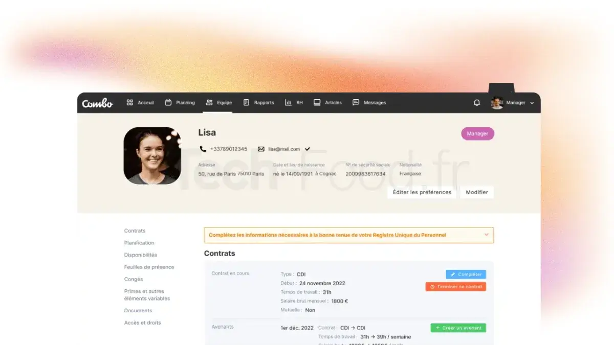 Capture d'écran détaillée d'une fiche collaborateur dans le back-office de Combo. L'interface affiche de manière épurée les informations contractuelles, le taux horaire chargé, le suivi du solde de congés et le récapitulatif des heures mensuelles.