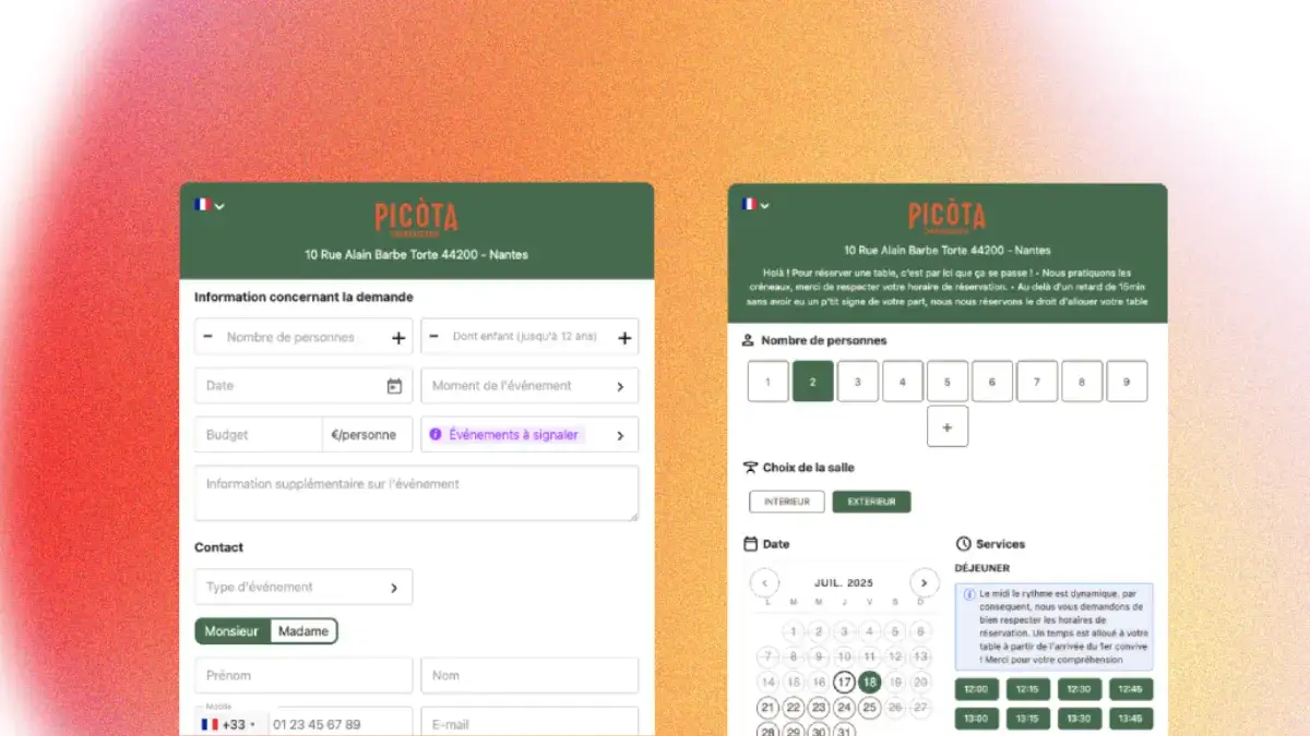 Double capture d'écran montrant l'interface client de réservation Overfull en marque blanche. À gauche, le formulaire personnalisé pour « Le Bistrot du Marché ». À droite, la sélection d'une option de placement premium