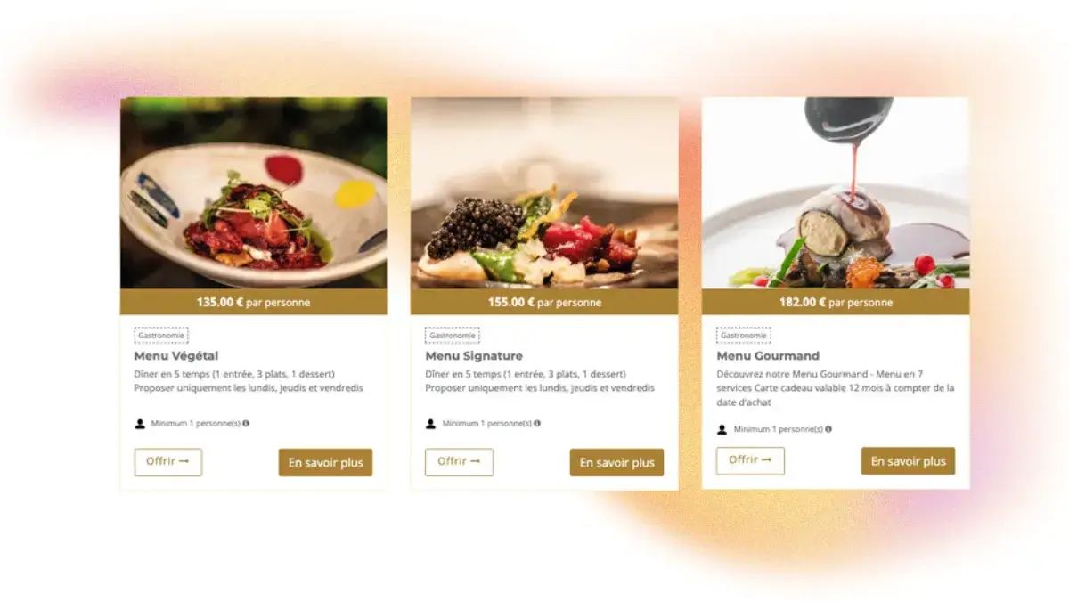 Capture d'écran sur un ordinateur portable présentant l'interface « Le Panier Gourmand » propulsée par MyBeezBox. Trois offres de coffrets cadeaux y sont listées : Menu Signature, Menu Végétal, et Menu Gourmand.