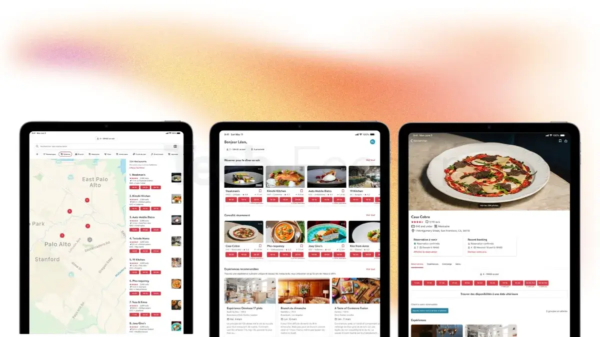 Interface de l'application mobile grand public OpenTable sur smartphone, affichant un moteur de recherche de restaurants géolocalisés avec des filtres par horaires, types de cuisine et avis clients.