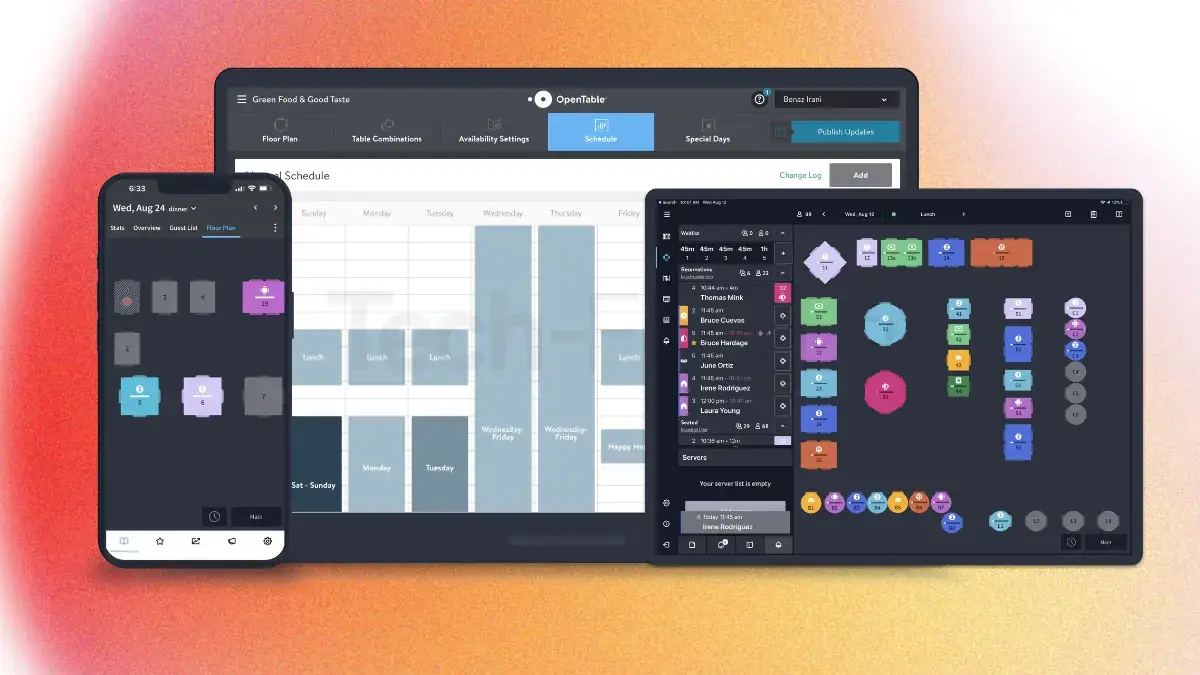 Capture d'écran du logiciel OpenTable présenté sur une tablette iPad affichant le plan de salle complet et sur un smartphone iPhone montrant le fil des réservations du jour.