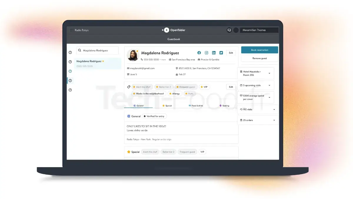 Capture d'écran sur ordinateur de l'interface CRM d'OpenTable, montrant le profil complet d'une cliente avec son historique mondial de réservations, ses allergies alimentaires, ses préférences de placement et ses habitudes de consommation.