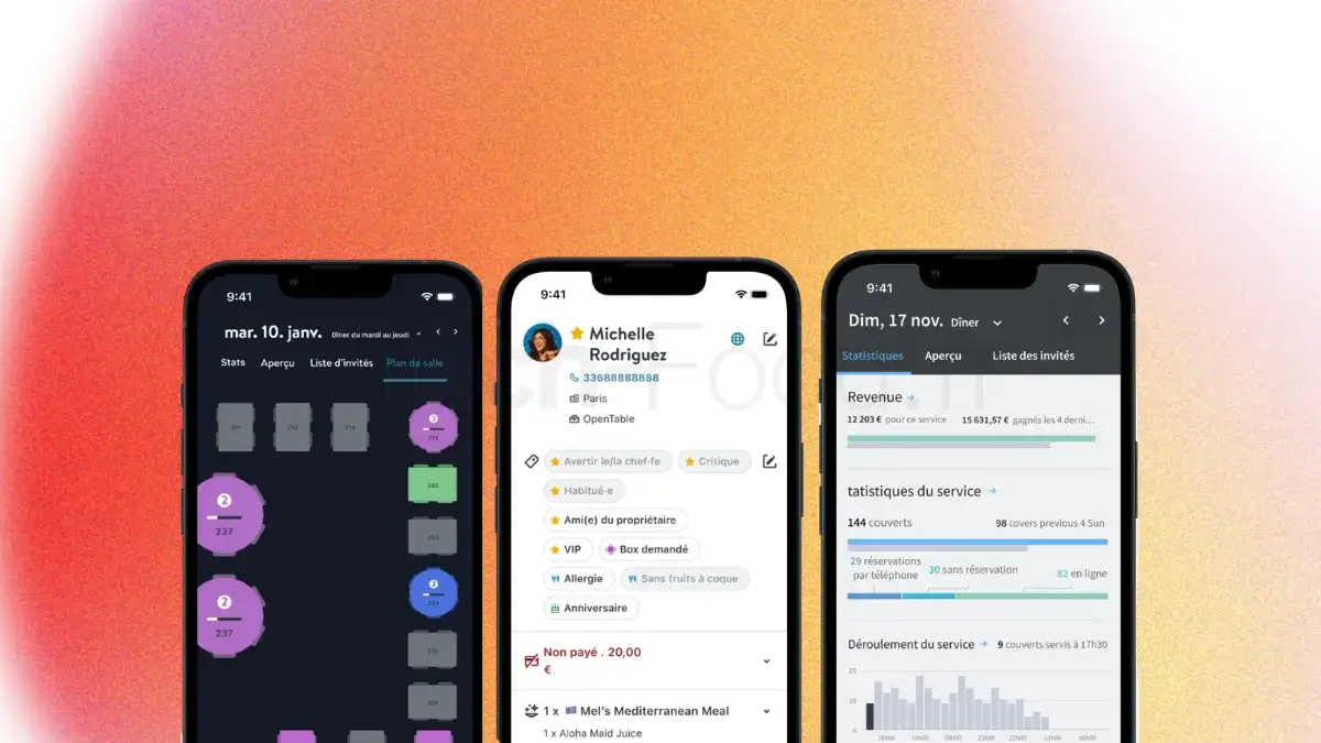 Série de trois captures d'écran d'iPhone montrant l'application OpenTable pour les restaurateurs. À gauche : le plan de table simplifié. Au centre : la fiche de détails d'un profil client. À droite : le tableau de bord des statistiques d'occupation du service.