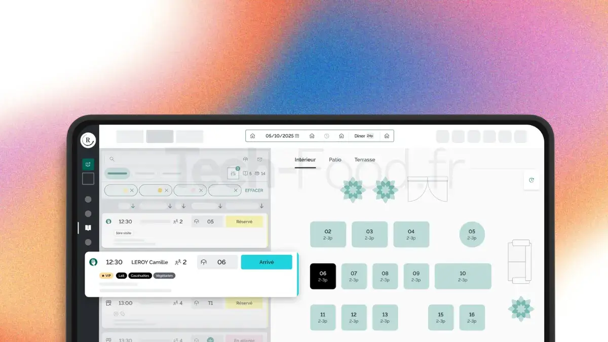 Capture d'écran de l'interface iPad du logiciel de gestion TheFork Manager divisée en deux parties : à gauche, la liste alphabétique et chronologique des clients attendus ; à droite, la vue interactive du plan de salle avec l'occupation des tables en direct.