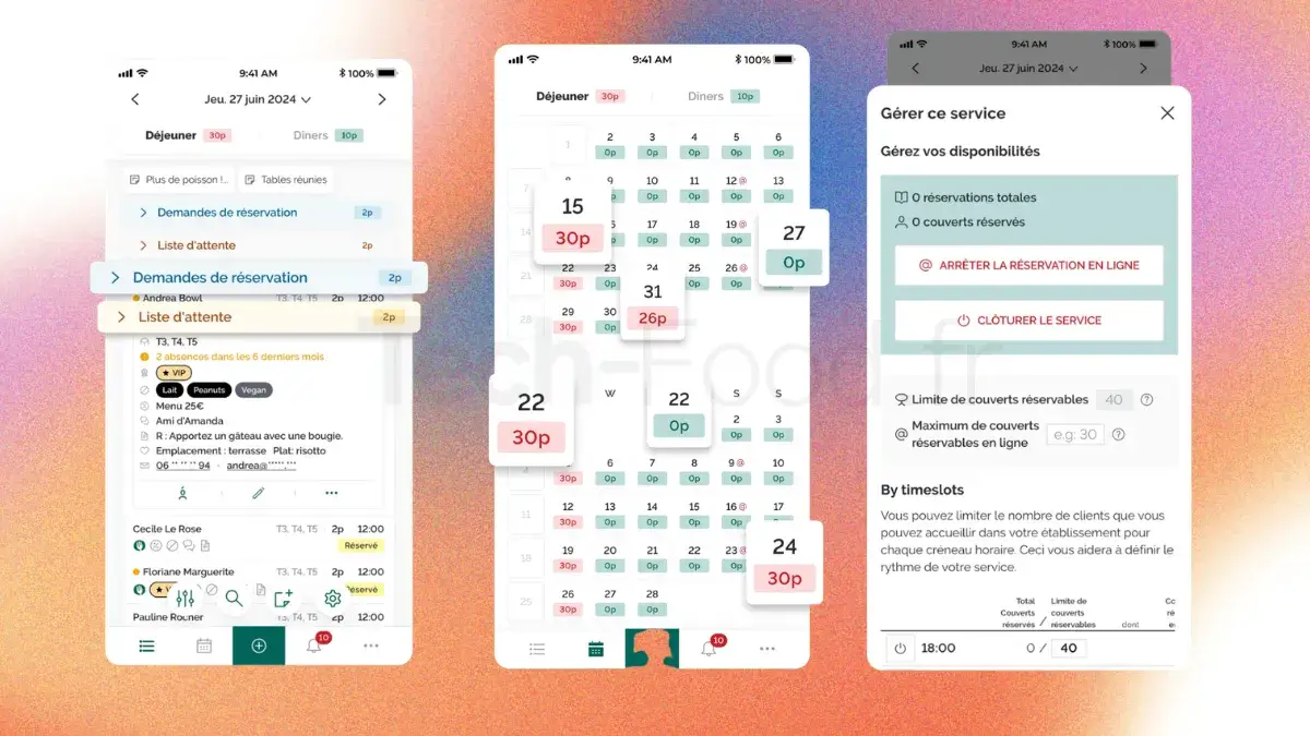 Série de trois captures d'écran d'iPhone de l'application TheFork pour les restaurateurs. À gauche : le panneau de gestion des réservations et de la liste d'attente. Au centre : le récapitulatif des couverts pour les services du déjeuner et du dîner. À droite : les commandes de contrôle du service permettant d'arrêter instantanément les réservations en ligne.