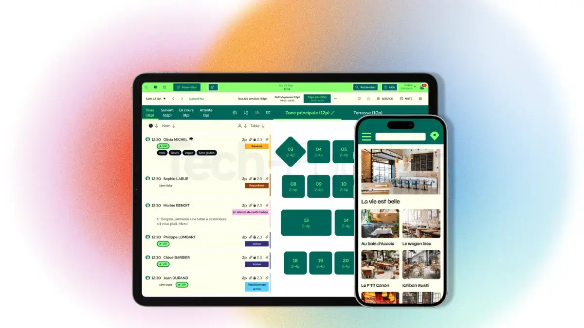 Logiciel de gestion TheFork Manager montrant la grille d'optimisation du plan de salle pour un service de restauration
