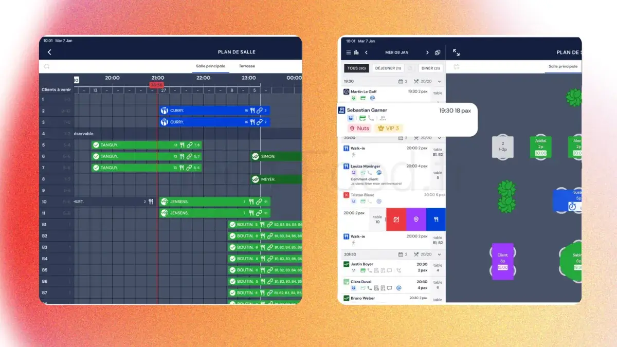 Interface utilisateur du cahier de réservation Zenchef affichant la liste des statuts clients et le plan de table interactif du restaurant