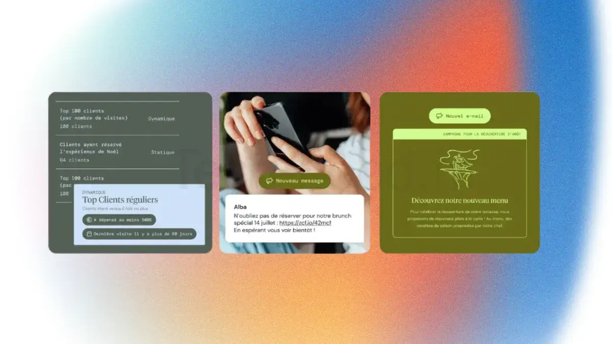 Trois captures d'écran côte à côte de l'interface Zenchef. La première montre la liste segmentée des clients réguliers. La deuxième affiche un modèle de notification SMS de rappel. La troisième montre un e-mail marketing personnalisé conçu pour faire découvrir un nouveau menu de saison.