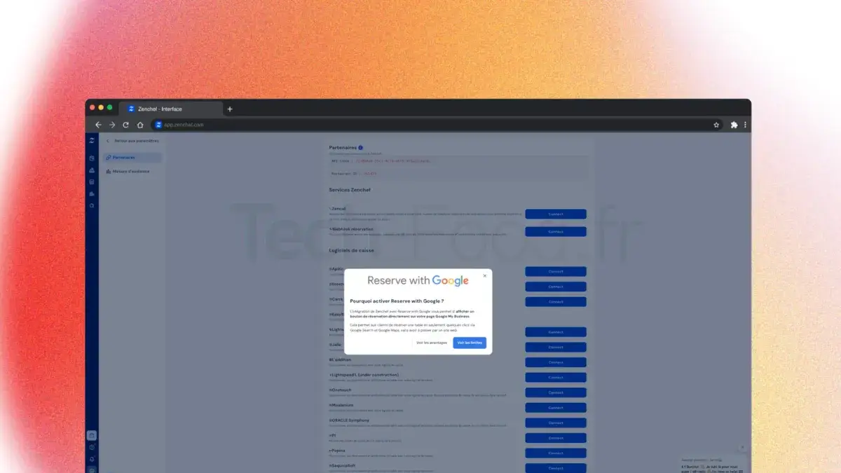 Capture d'écran de l'interface de configuration du back-office Zenchef, montrant le panneau d'activation des synchronisations et les options de connexion native avec l'API Google.