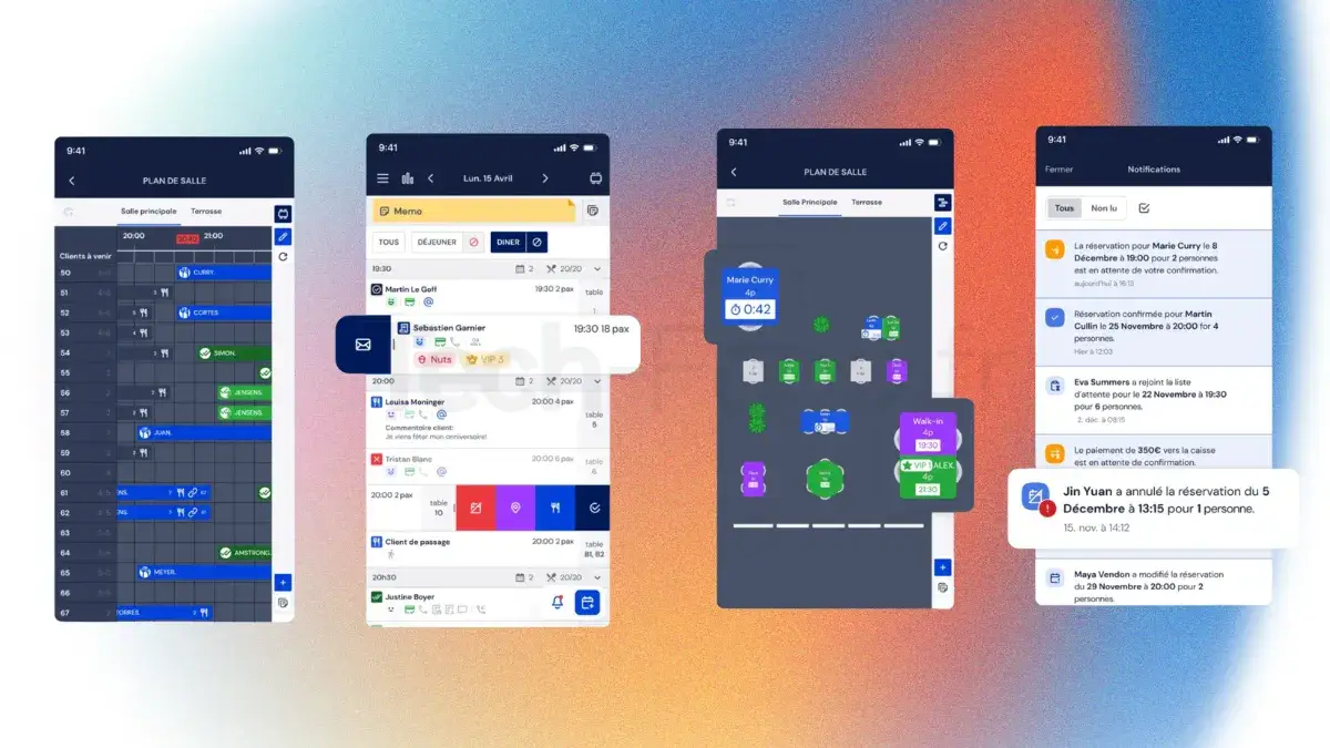 Série de 4 captures d'écran de l'application Zenchef sur iPhone, affichant les détails d'un profil client exclusif, les statistiques de marge, l'absence de publicités concurrentielles et l'interface de gestion de marque.