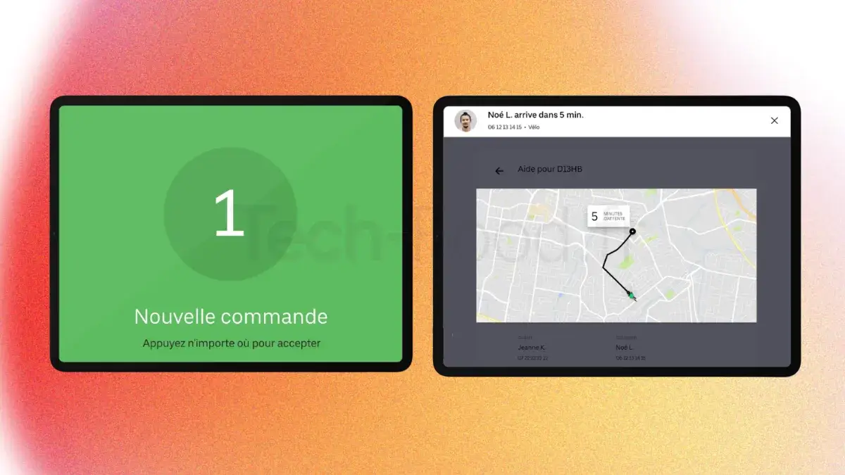 Vue simultanée de deux écrans d'iPad dans un restaurant. Le premier iPad affiche l'interface des commandes entrantes, et le second montre la carte de suivi en temps réel de l'approche du livreur.