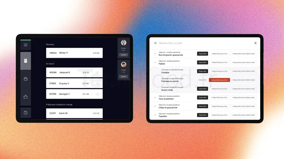 Vue de l'interface du back-office pour la gestion des commandes et du menu. Une section montre le flux en direct des commandes synchronisées avec la caisse, et une autre section affiche l'éditeur de menu permettant d'ajuster la disponibilité des plats et les prix en temps réel.