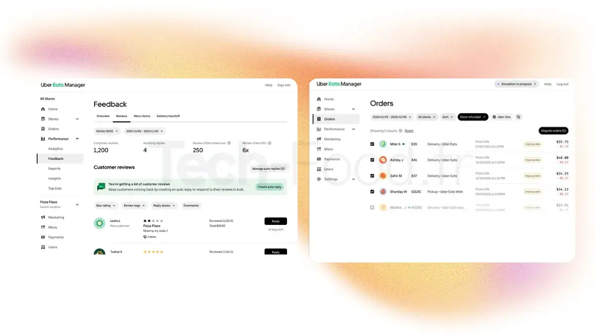Vue du tableau de bord Uber Eats Manager affiché sur deux iPads. La première tablette montre une interface de statistiques détaillées, et la seconde liste les commandes actives en cours.