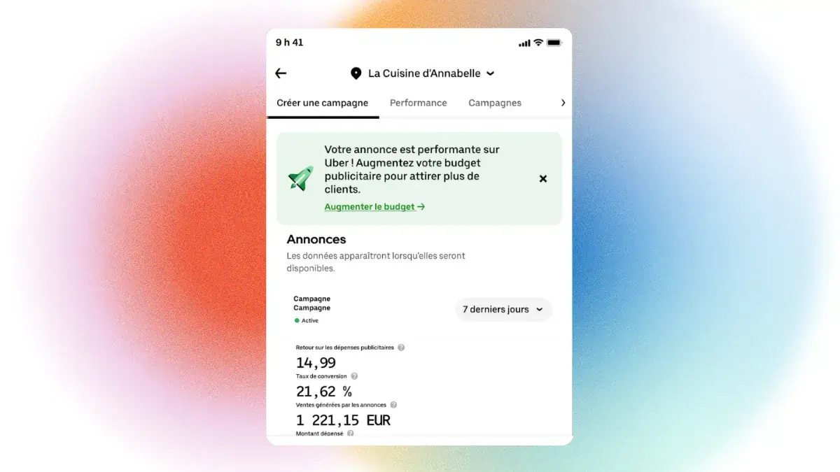 Vue de l'interface d'analyse marketing montrant les statistiques précises d'une campagne publicitaire, incluant des données détaillées sur le ROI (retour sur investissement), les ventes totales générées en euros, et le taux de conversion des clients qui en résulte.