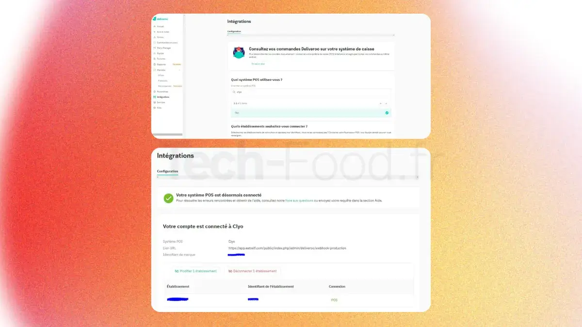 Vue du panneau de configuration des intégrations logicielles, affichant les options de synchronisation directe entre l'application Deliveroo et les systèmes de caisse enregistreuse (POS).