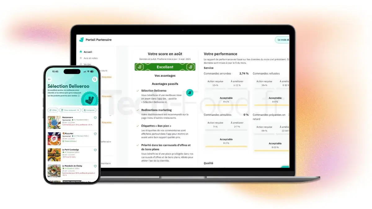 Vue du back-office commerçant affichant l'onglet de performance et les avantages exclusifs liés au programme "Deliveroo Sélection".