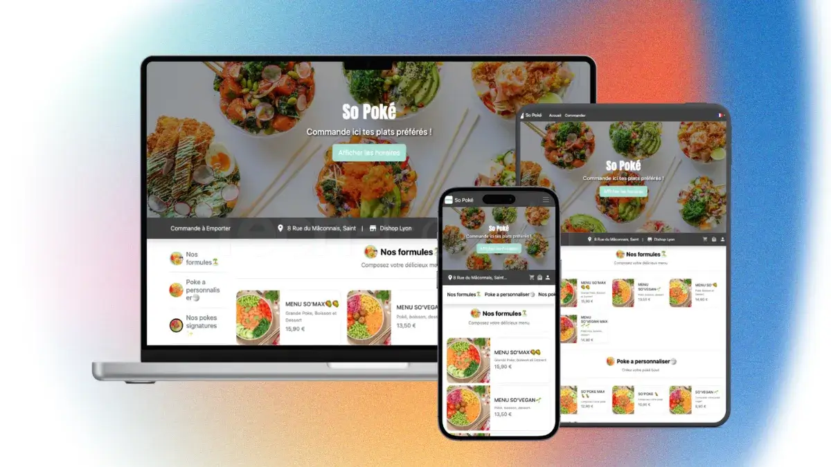 Présentation graphique sur écrans d'iPhone, d'ordinateur de bureau et de tablette numérique de la marque blanche So'Poké créée avec la technologie de commande en ligne Dishop.