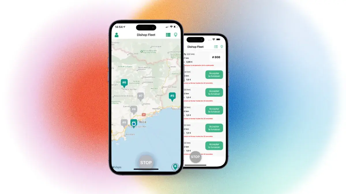 Capture d'écran de l'application mobile Dishop Fleet affichant l'interface d'un coursier avec les options pour accepter ou refuser une livraison de commande de restaurant.