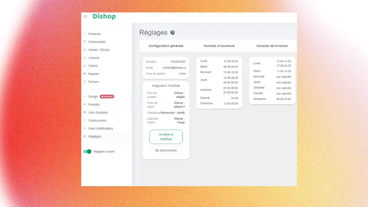 Vue du tableau de bord Dishop avec le panneau de configuration des services connectés, mettant en avant la synchronisation de l'écosystème avec l'agrégateur HubRise.