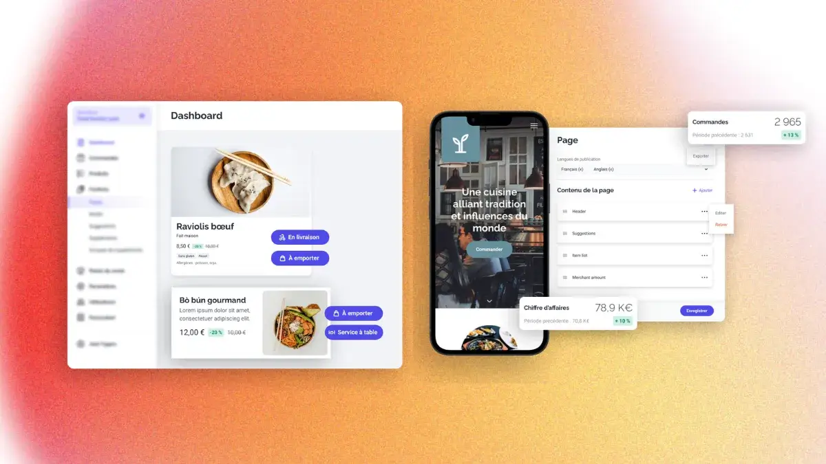 Capture d'écran du back-office DOOD montrant le panneau de configuration des canaux de vente (Click & Collect, livraison, borne) pour un produit spécifique du menu.