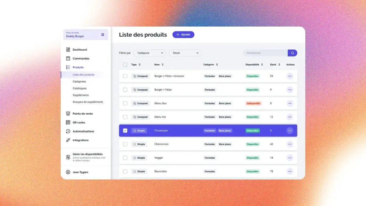 Capture d'écran du catalogue de produits sur le tableau de bord DOOD, affichant la liste des plats, les catégories de menu et les options de configuration.