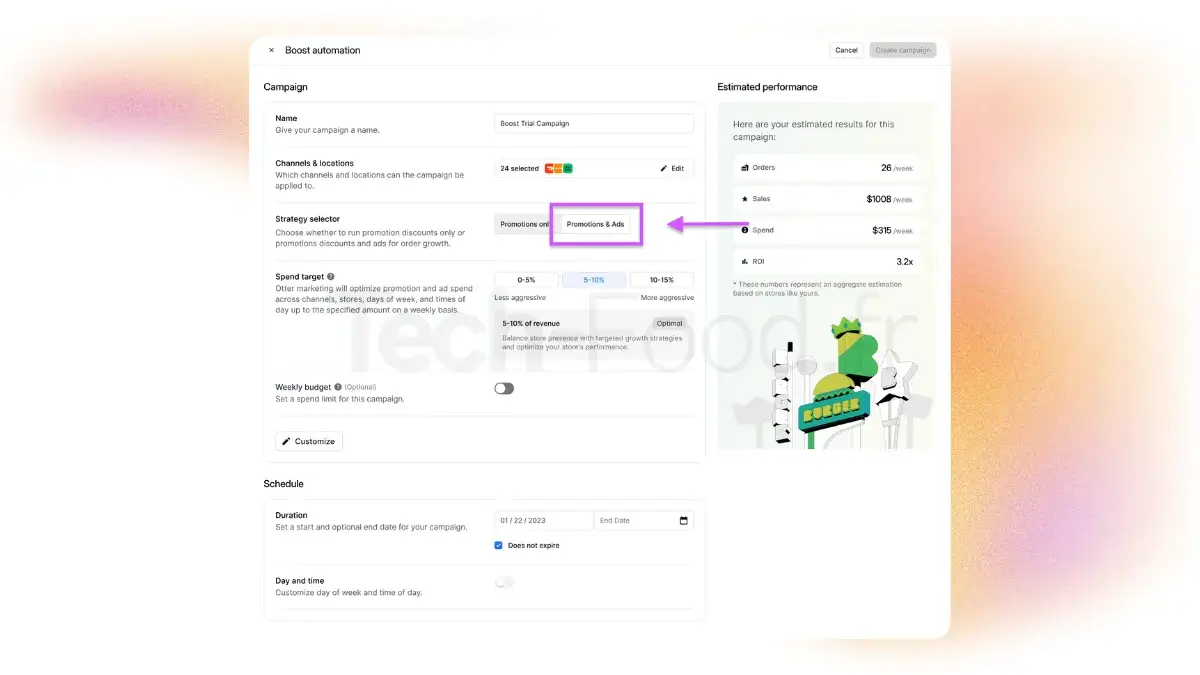 Capture d'écran du tableau de bord d'Otter Marketing montrant les options de configuration pour programmer des publicités et des promotions dynamiques sur les applications de livraison.