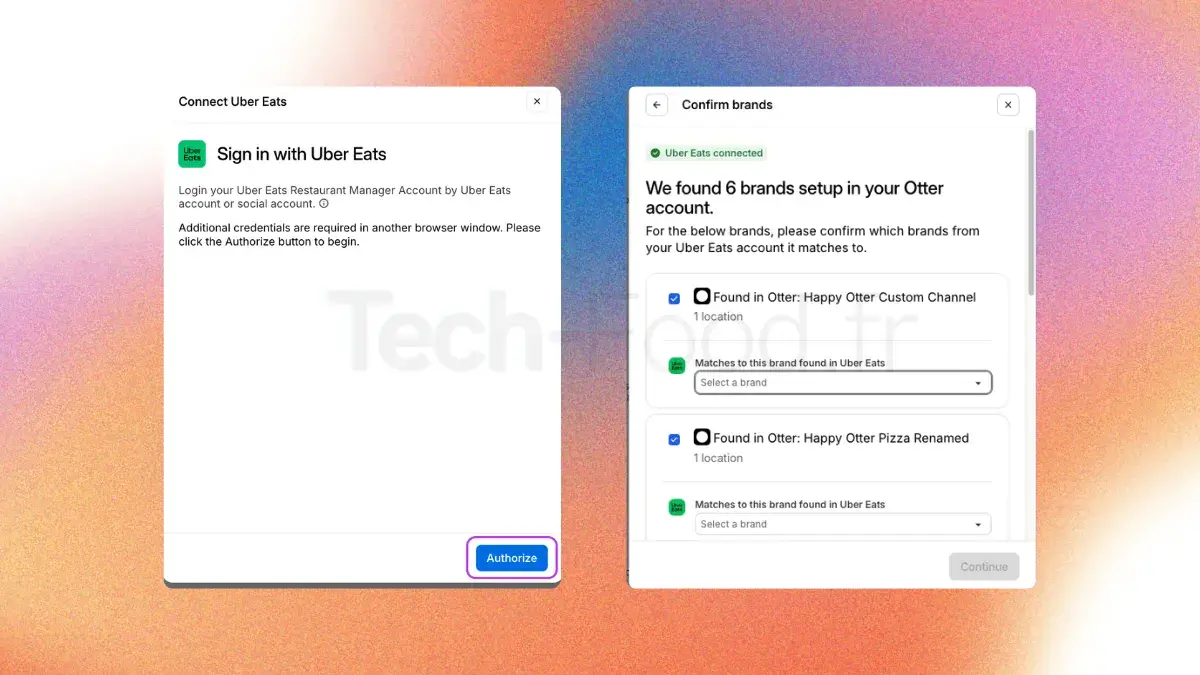 Page des paramètres d'intégration du back-office Otter, affichant l'onglet de synchronisation et d'authentification direct avec un compte partenaire Uber Eats.