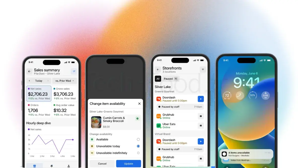 Montage de quatre captures d'écran de smartphone illustrant l'interface graphique d'Otter : rapports statistiques visuels, édition de la carte, statut des plateformes connectées et flux de notifications push.