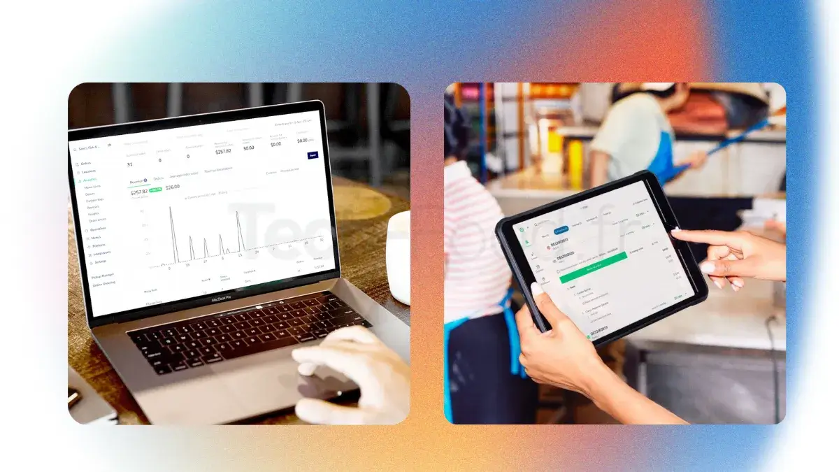 Double image comparative montrant à gauche un restaurateur analysant les graphiques de performances sur le tableau de bord Deliverect de son ordinateur, et à droite un restaurateur suivant les flux de commandes en direct sur sa tablette.