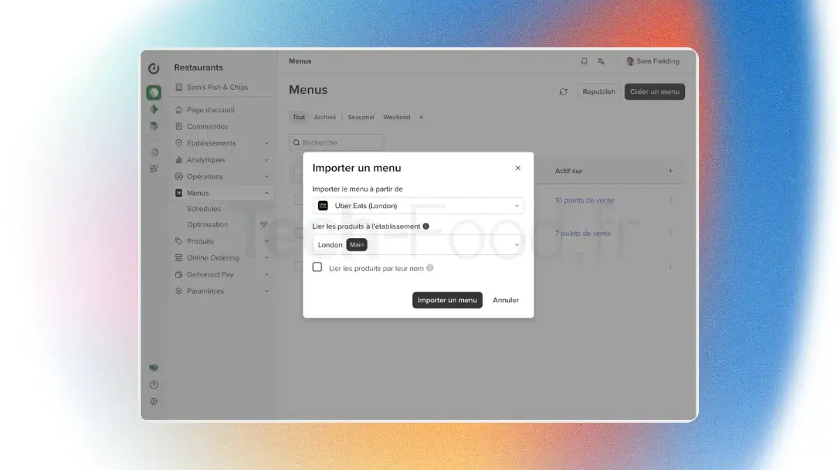 Capture d'écran de l'interface du back-office de Deliverect centrée sur l'onglet "Menus", affichant les options d'importation, de modification et de synchronisation des cartes.