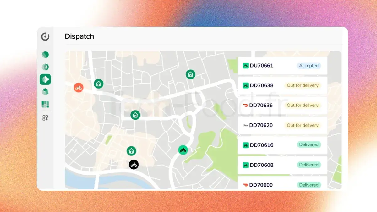 Capture d'écran du panneau de contrôle Dispatch de Deliverect, montrant l'attribution automatisée des courses, le suivi de la flotte de livreurs et les temps de transit.