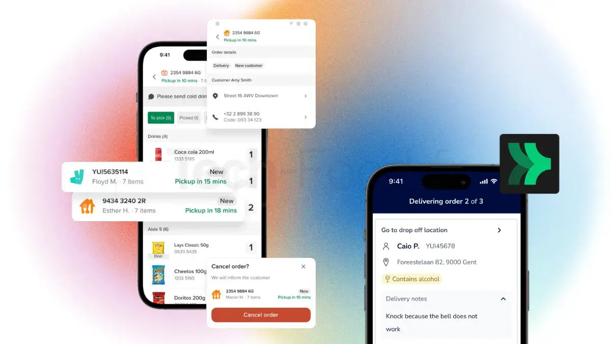 Deux smartphones côte à côte affichant l'application Deliverect : le premier présente la liste des commandes en cours triées par provenance (Uber Eats, Deliveroo), le second affiche le détail complet d'un ticket sélectionné.