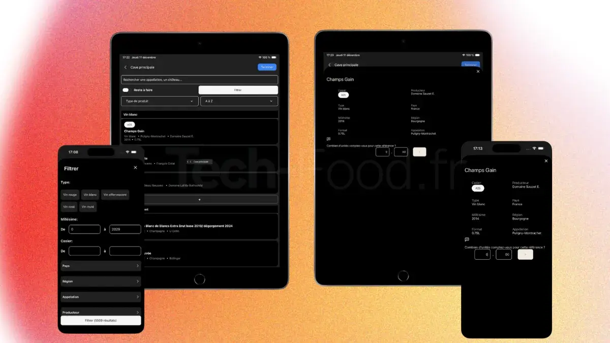 Capture d'écran de l'application mobile GoStan affichée simultanément sur un iPhone et un iPad, montrant l'interface intuitive de saisie et de comptage des bouteilles par casier pour l'inventaire.