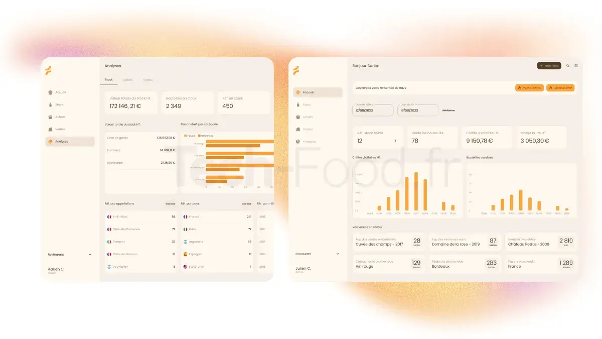 Capture d'écran du back-office de GoStan axé sur la Business Intelligence, montrant les graphiques financiers de marge brute, le taux de rotation et l'identification des stocks dormants.
