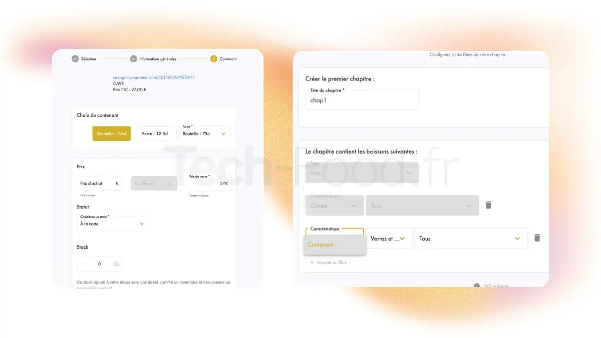 Vue du back-office de SOMM'IT sur l'écran de configuration et de création d'un nouveau produit, avec l'auto-complétion des données œnologiques (cépages, domaine, appellation).