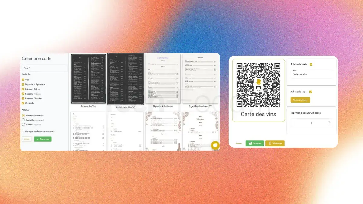 Capture d'écran du panneau de contrôle SOMM'IT dédié à la création, à la mise en page et à la personnalisation graphique de la carte des vins digitale pour les QR codes et tablettes clients.