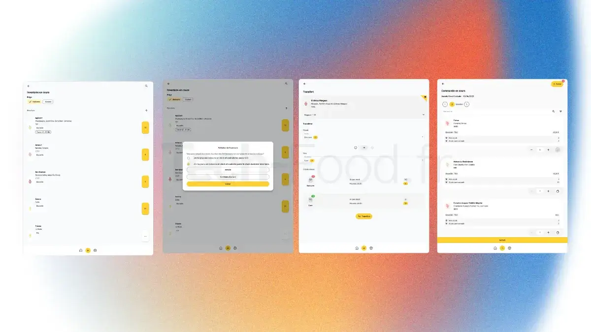 Capture d'écran de l'interface SOMM'IT sur tablette numérique, affichant le module d'inventaire de cave en cours et le panneau de suivi des commandes et transferts de bouteilles.