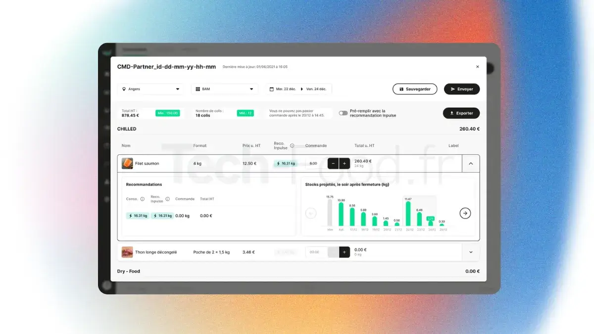 Interface de gestion des achats Inpulse affichant les propositions automatiques de commandes de matières premières calculées par l'IA.