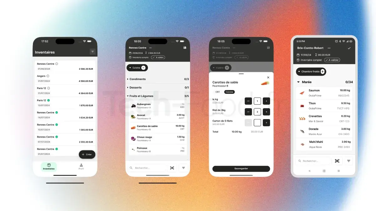 Alt Text : Quatre captures d'écran de l'application mobile Inpulse sur iPhone montrant les modules d'inventaire terrain, de réception de marchandises et de suivi des stocks.