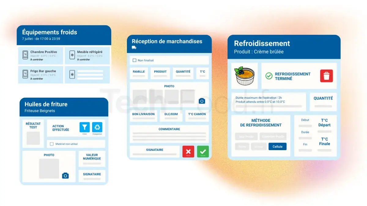 Zoom sur l'interface du module HACCP de Mycawan affichant les fiches d'enregistrements sanitaires et le suivi de la traçabilité en cuisine.