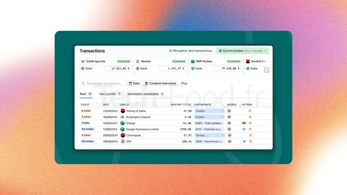 Vue de l'interface Transaction de Pennylane montrant le rapprochement automatique entre une ligne bancaire débitrice et le justificatif d'achat numérisé.