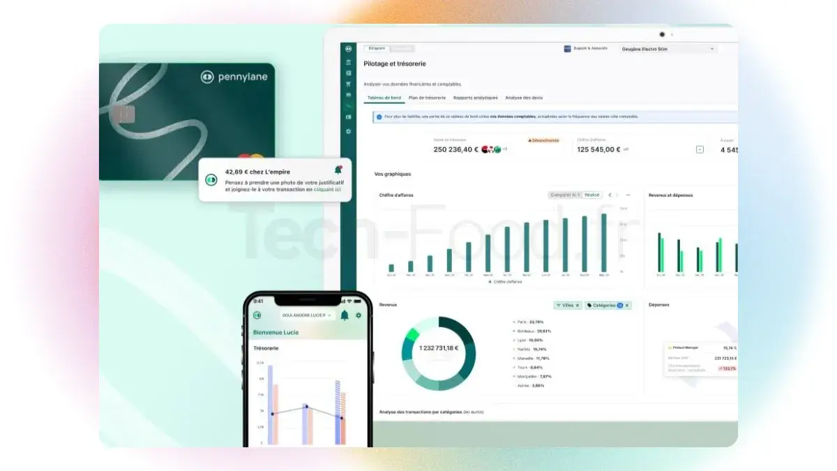 Aperçu multi-écrans de l'écosystème financier Pennylane présentant le tableau de bord web, l'application mobile de statistiques et une carte de paiement corporate.