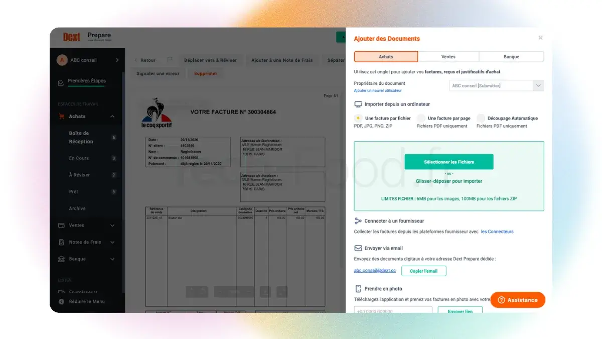 nterface web de Dext montrant le menu d'importation "Ajouter une facture" avec l'option de synchronisation et de connexion directe aux espaces clients des fournisseurs.