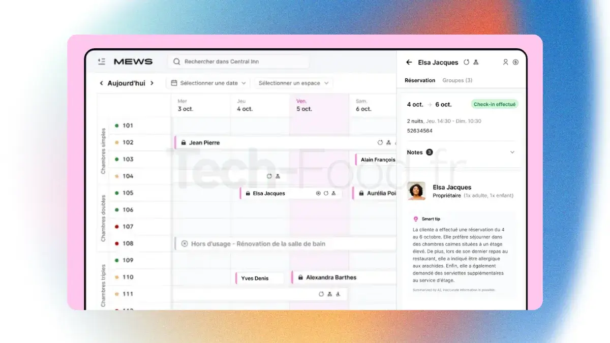 Capture d'écran du planning des réservations Mews présentant la vue en calendrier interactif avec barres de couleur pour le statut des nuitées par chambre.