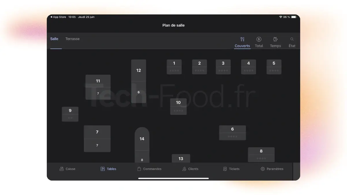 Plan de salle virtuel et interactif affiché sur l'application de caisse iPad Lightspeed Restaurant