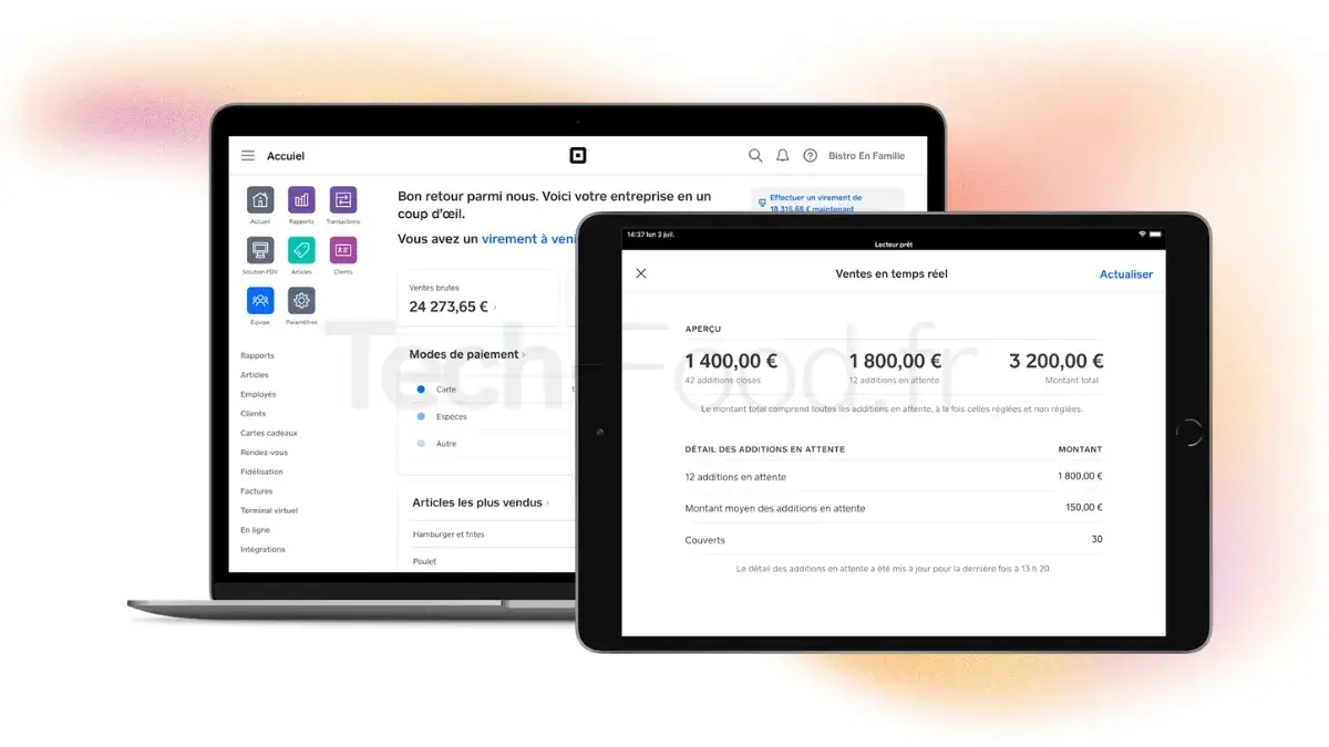 Tableau de bord du back-office gratuit de Square affichant les graphiques de ventes et les rapports d'activité.