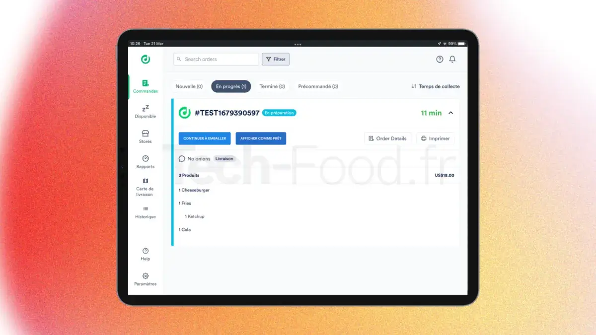 Interface du tableau de bord Deliverect affichant le suivi en temps réel des commandes en cours de livraison et le statut de préparation en cuisine