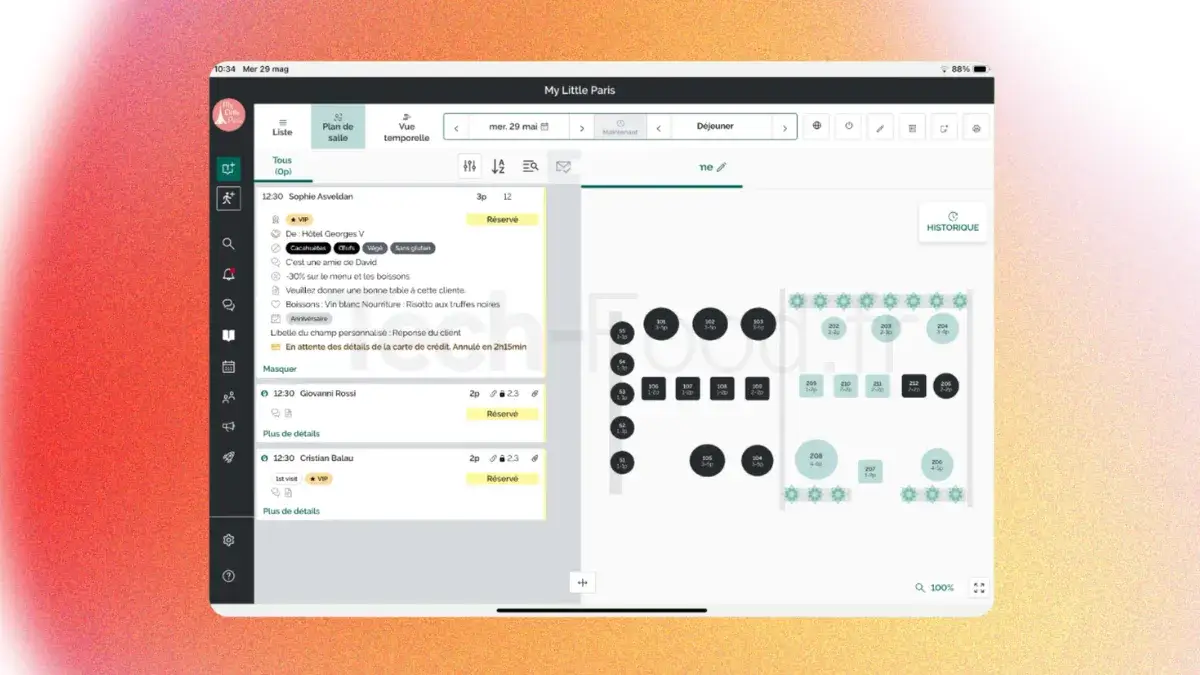 Interface du logiciel TheFork Manager affichant le plan de salle interactif en direct et le statut d'occupation des tables du restaurant