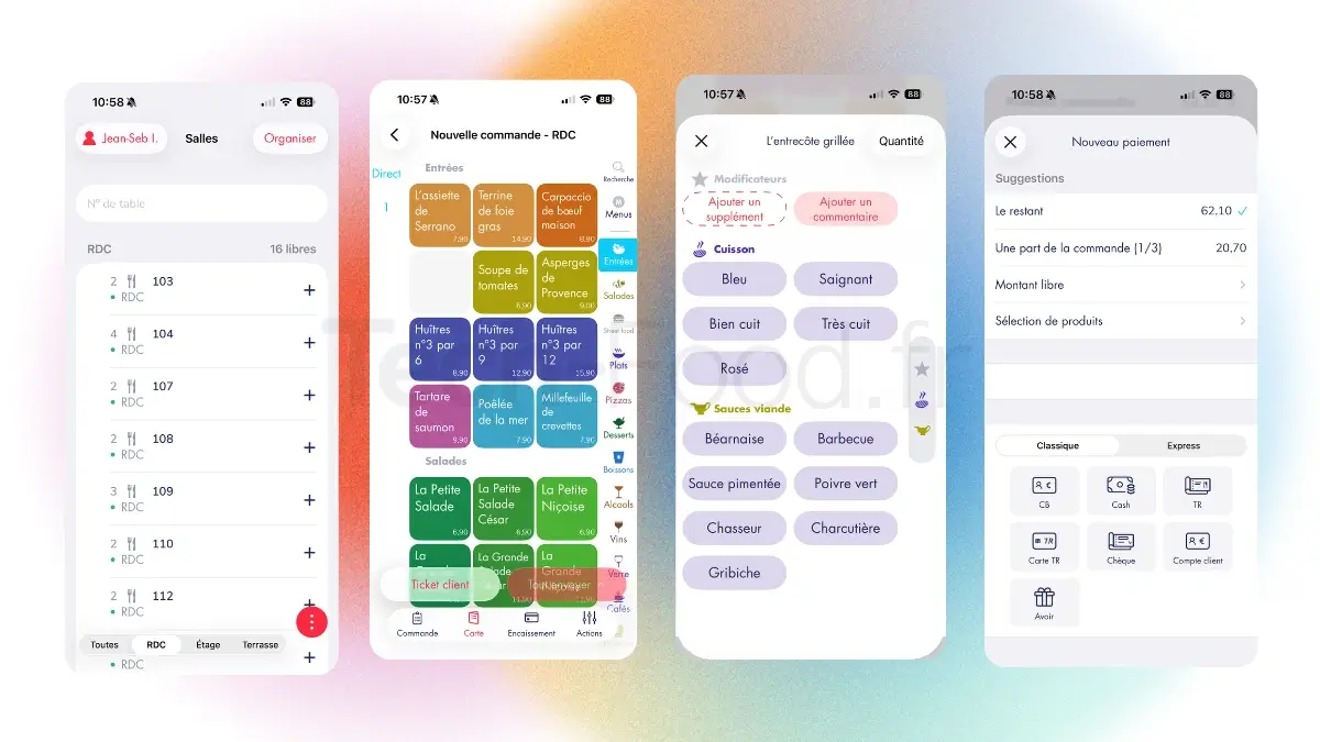 Interface de l'application mobile L'Addition sur iPhone pour la prise de commande des serveurs à table.