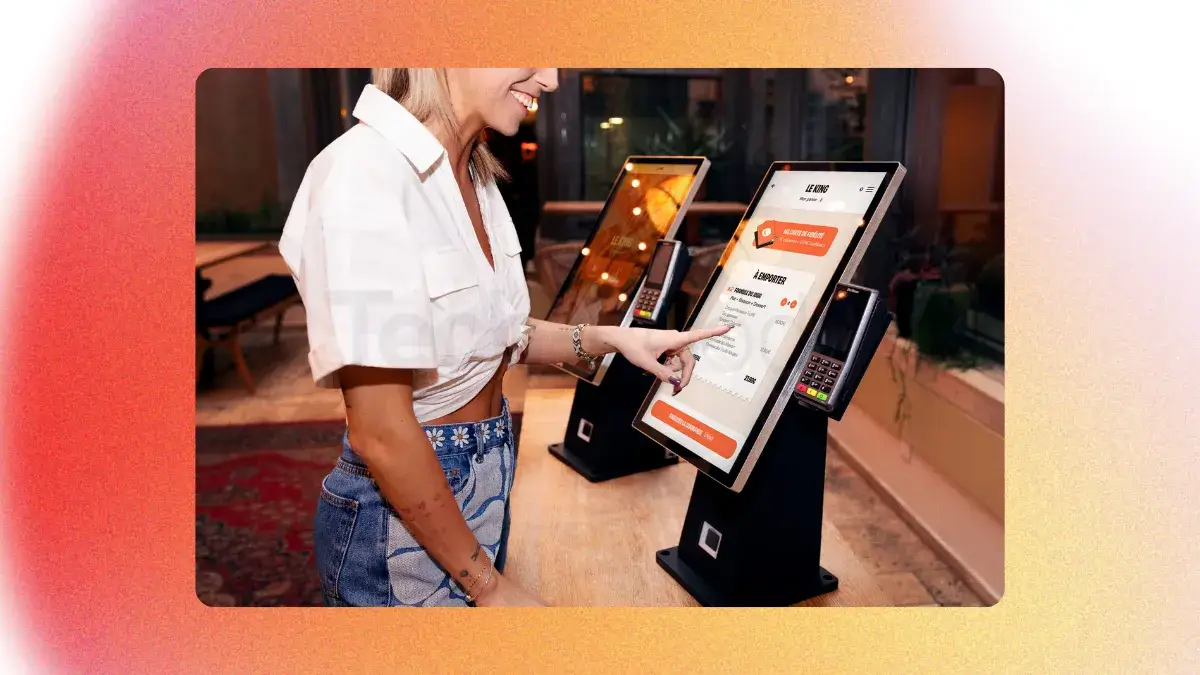 Une cliente en train de sélectionner sa commande sur une borne tactile ObyPay personnalisée aux couleurs du restaurant.